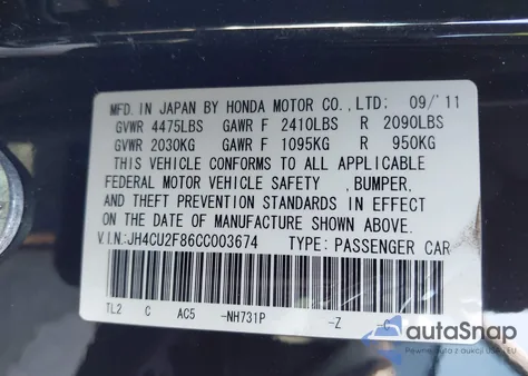 2012 Acura Tsx 2.4 z USA, uszkodzony, nr VIN JH4CU2F86CC003674